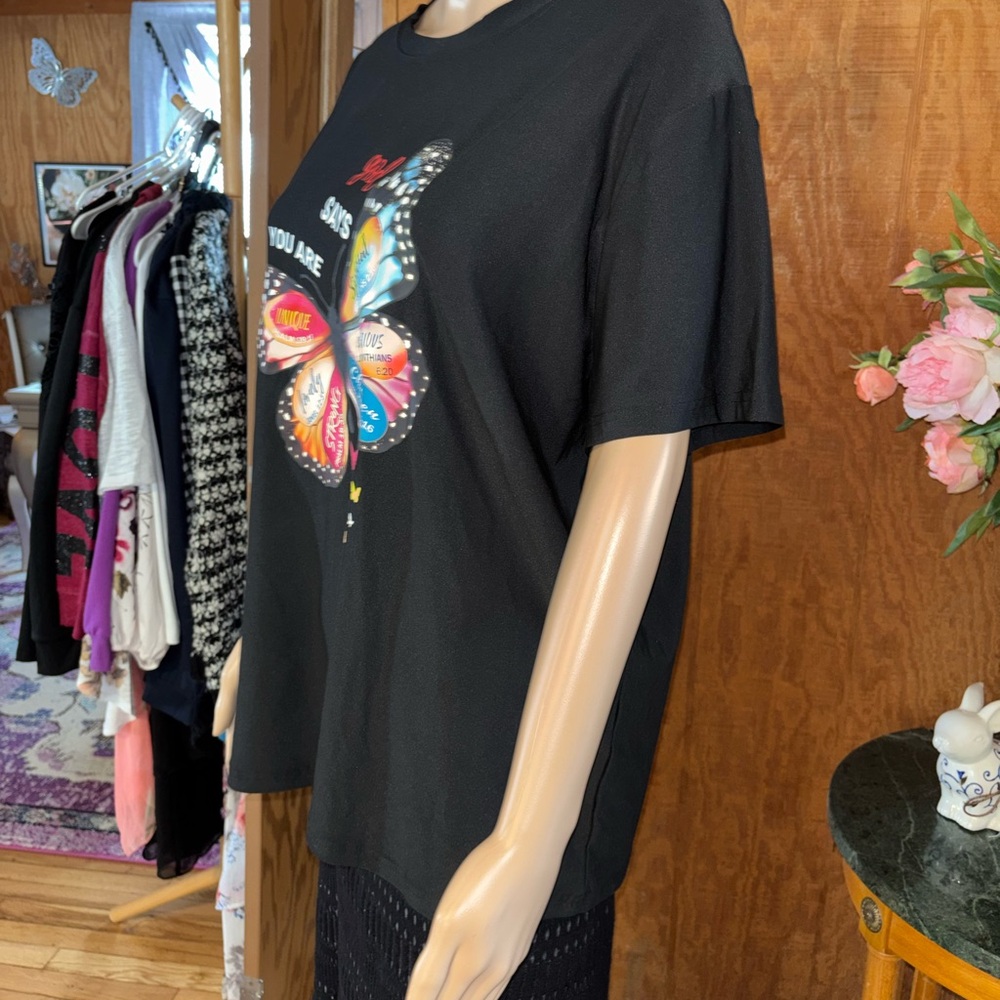 Black Butterfly Graphic Tee with Multicolor Wings - Picture 3 of 7